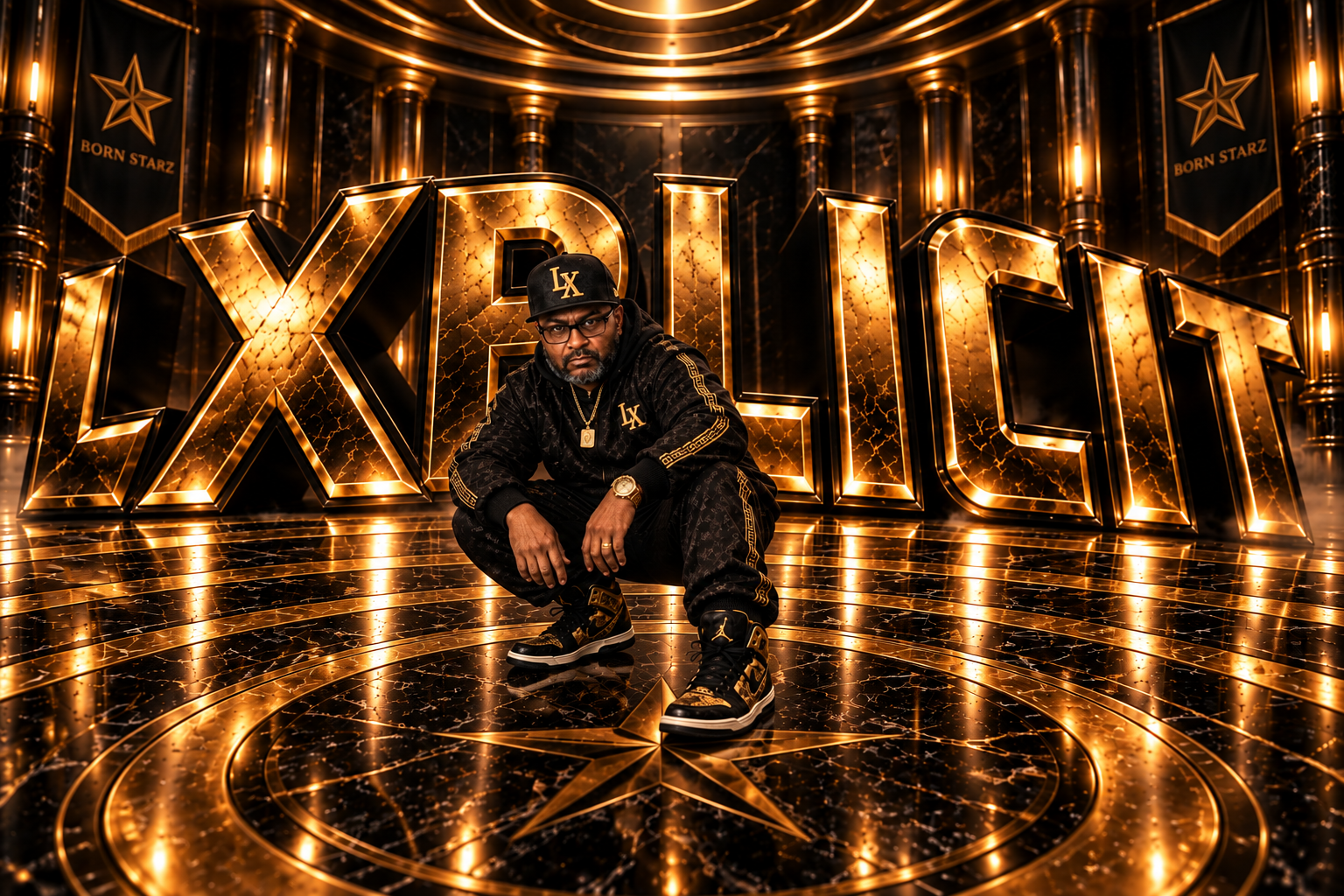 LXPLICIT seated in front of his gold name logo